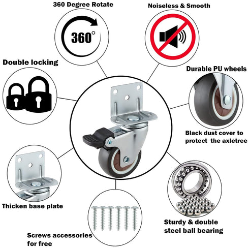 2 Inches Side Mount Caster Wheels Set of 16, Heavy-Duty Double Plate Rubber Locking Swivel Casters
