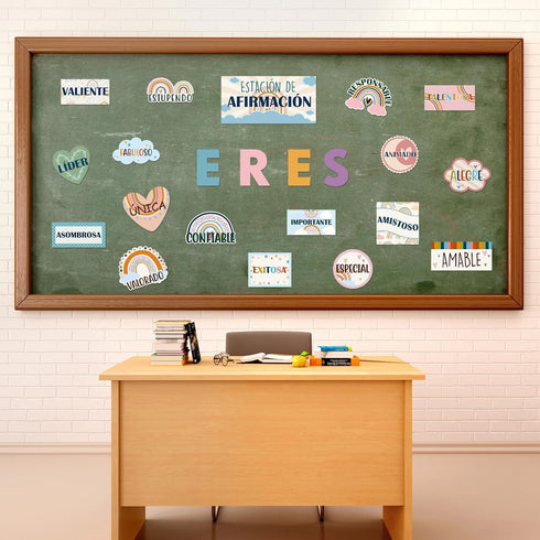 Boho Affirmation Station Spanish Bulletin Board Set, Rainbow Motivational Classroom Decorations for Teachers