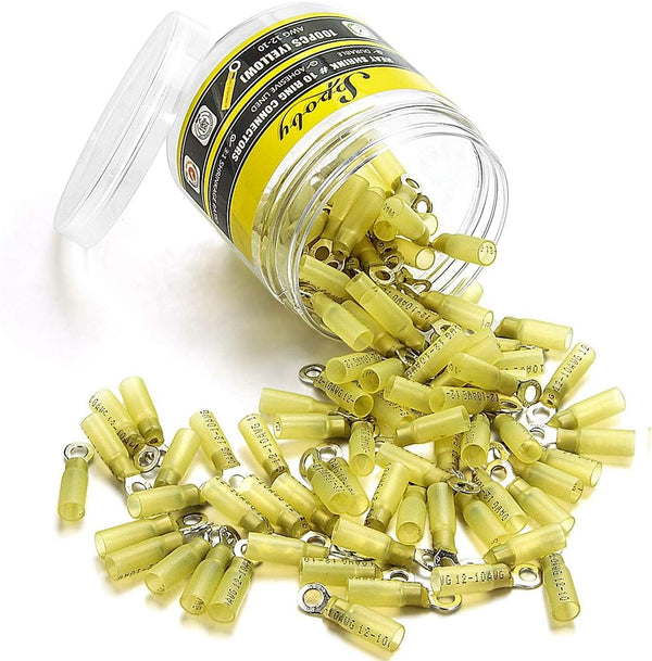 100PCS Heat Shrink Ring Connectors #10 Yellow, 12-10 AWG, Sopoby Electrical Connectors for Automotive Marine