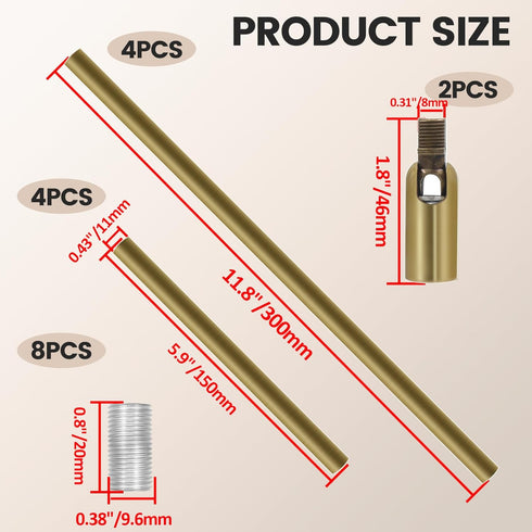 M10 5.9-inch 12-inch Antrader Threaded Extension Rod Brass Color Lighting Fixture Stems with Sloped Ceiling Adapters