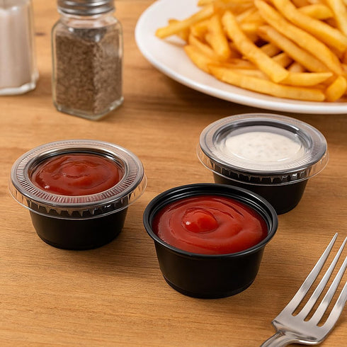 Golden Apple - 2oz Black Plastic Jello Shot Souffle Cups with Lids, BPA Free