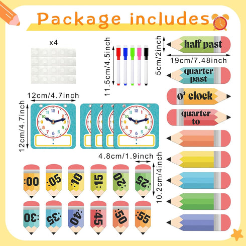 Yeaqee 31 Pcs Telling Time Bulletin Board, Analog Clock Practice with Dry Erase Pens for Home, Classroom