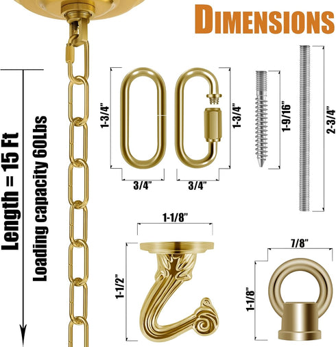 Omytie 15 Ft Heavy Duty Hanging Chain Kit with Connection Locks & Swag Ceiling Hooks for Lighting Fixture, Chandelier