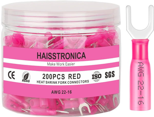 Haisstronica 200PCS Heat Shrink Fork Spade Connectors, #10 Waterproof Marine Grade Fork Terminal Connectors