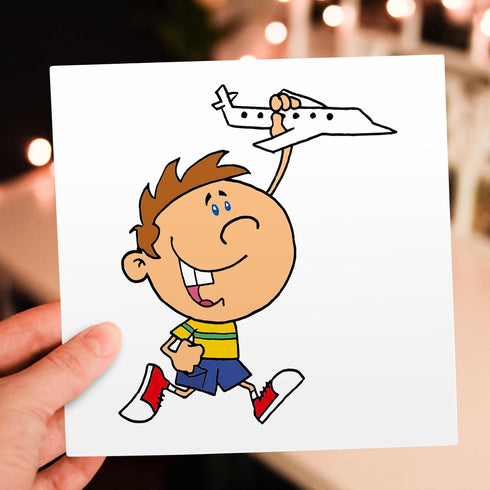 Cartoon Boy with Toy Airplane Greeting Card