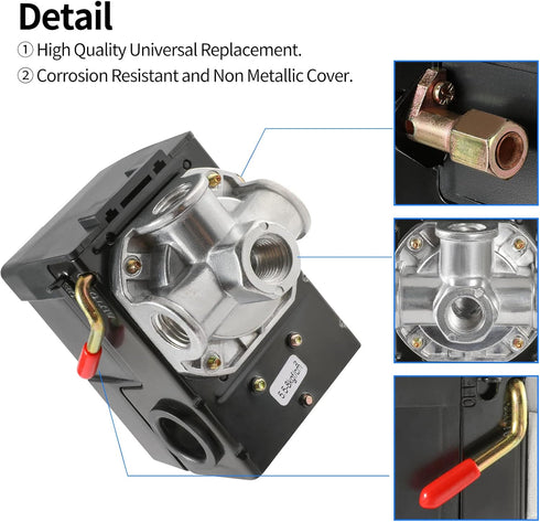 Air Compressor Pressure Switch Replacement LF10-4H with 95-125 PSI Range and 20A Rating, 4-Port