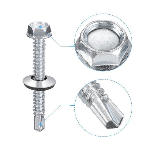 uxcell #14 x 2" Self Drilling Screws with Rubber Washer, 100pcs Zinc Plated Steel Roofing Screws with EPDM Washer