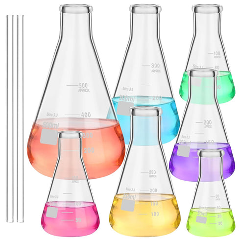 9 Pack Glass Erlenmeyer Flask Set with Glass Stirring Rod, 7 Sizes, Borosilicate Glass for Lab Chemistry