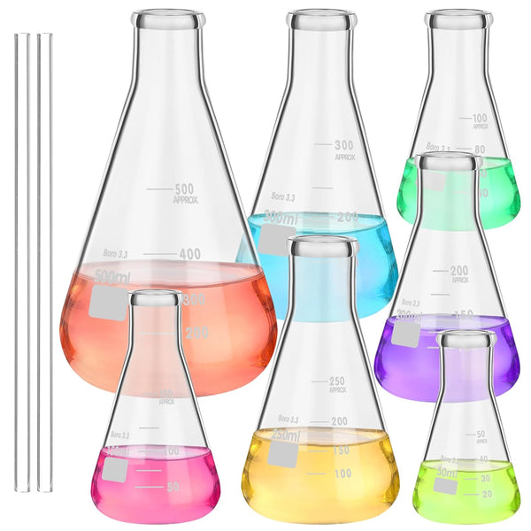 9 Pack Glass Erlenmeyer Flask Set with Glass Stirring Rod, 7 Sizes, Borosilicate Glass for Lab Chemistry