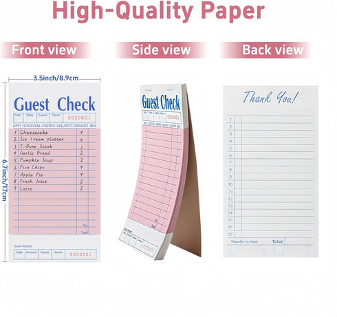 4 Pack 50 Sheets/Pack, 200 Pink Guest Checks Books for Servers, Server Note Pads, Waiter Checkbook, Waitress Notepad