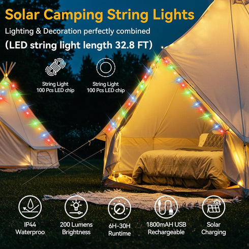 LEDLAY 40FT 8 Solar Camping String Lights, Rechargeable String Lights with Modes, Waterproof Outdoor Lights with Delay
