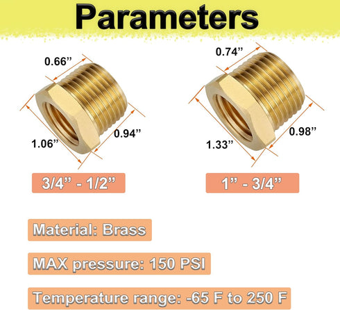 ZOUNI 2pcs Heavy Duty Brass Reducer Hex Bushing, 3/4" NPT Male to 1/2" NPT Female Pipe Fitting Adapter
