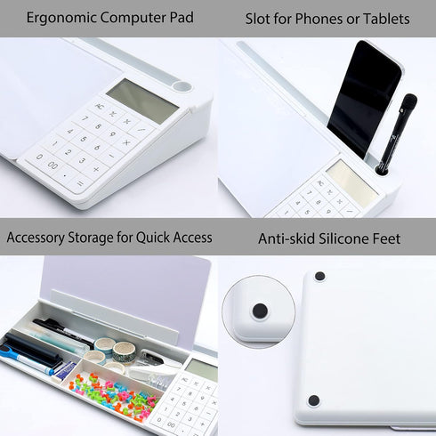 TOWON Desktop Glass Whiteboard with Basic Calculator, 12 Digit LCD Display, Desk Organizers, White, 18'' x 6''