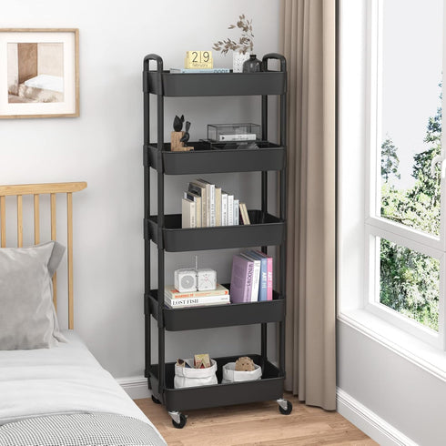 Sywhitta 5-Tier Plastic Rolling Utility Cart with Handle, Multi-Functional Storage Trolley for Office, Living Room,