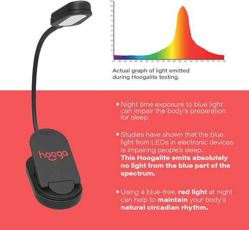 625nm Hooga Red Book Light, Clip On LED Light for Reading in Bed, No Blue Light, Eye Care, Gift for Students, Kids