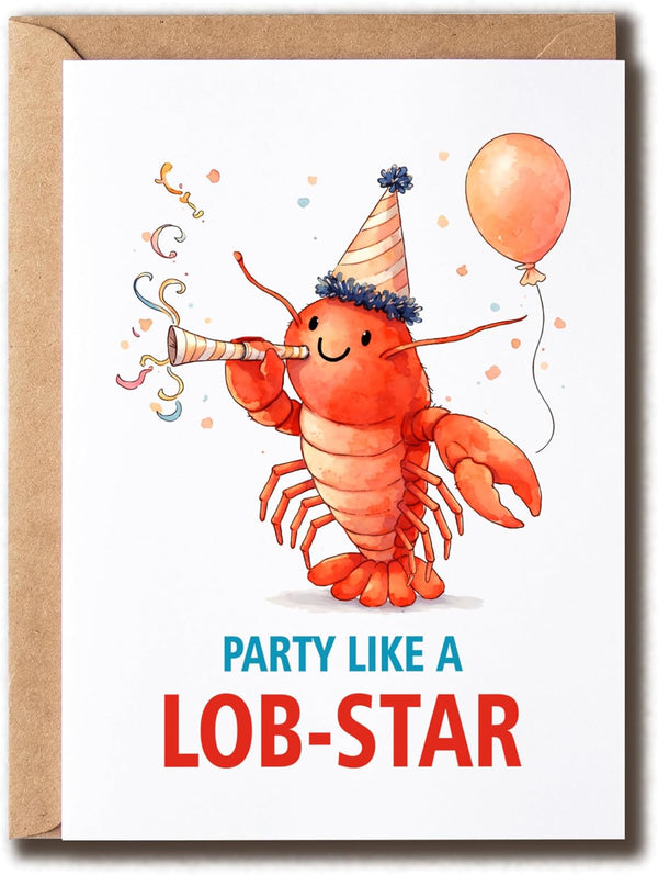 ZGLDesigns Cute Lobster Birthday Card - Party Like A Lob-Star - Funny Celebration