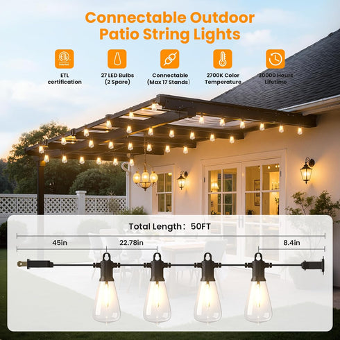 Lights50FT 27 Bulbs (2 Spare)ST38 Dimmable 2700K ZOTOYI Outdoor String Patio Lights with Vintage Edison Waterproof
