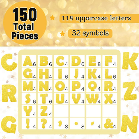 Qyeahkj 150 PCS Large 7" Font Letters and Punctuation Set, Glitter Gold Classroom Alphabet Cutout for Display