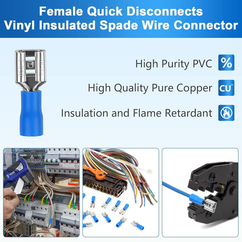 200 Pcs Vinyl Insulated Spade Wire Connectors, Female and Male Quick Disconnects, Blue Electrical Crimp Terminal 16-14