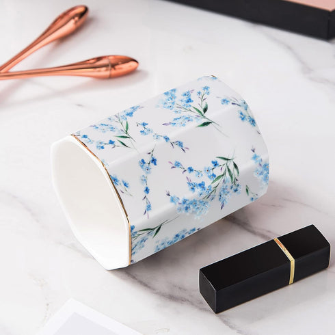 Pencil Holder for Desk Organizer, Ceramic Floral Pattern Storage for Writing Utensils, Makeup Brush Holder - Blue