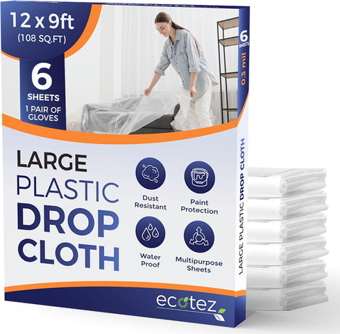 6 Pack 12 x 9 ft Extra Large Painter s Plastic Drop Cloth, Light & Durable Dust Cover, Plastic Floor Protector