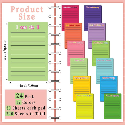 Yinder 24 Pcs Inspirational Sticky Notes with Lines 4 x 6 Inch Motivational Notepads Colorful Positive Sticky Notes Appreciation Gifts for Women Nurse Coworker Teacher School Office(Inspirational)
