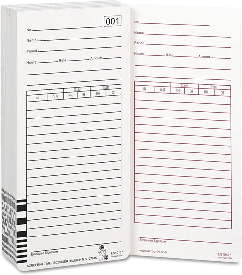 Acroprint 099111000 Time Card for Es1000 Electronic Totalizing Payroll Recorder, 100/Pack
