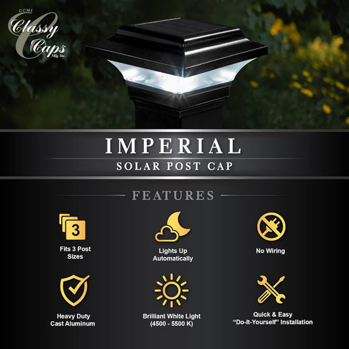 SLO82B 2"x2", 2.25"x2.25", 2.5"x2.5" Classy Caps Imperial Solar Post Cap - Black Fits and Post Sizes, High-Performance