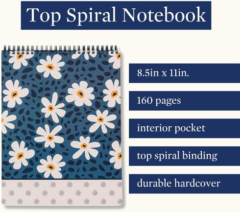 Steel Mill & Co Large Top Spiral Notebook, College Ruled, 11" x 8.5", Durable Hardcover, 160 Lined Pages, Leopard Daisy