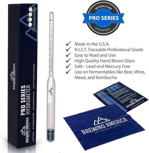 Brewing America American-Made Specific Gravity Hydrometer - Pro Series Alcohol ABV Tester for Homebrew Beer, Wine, Cider