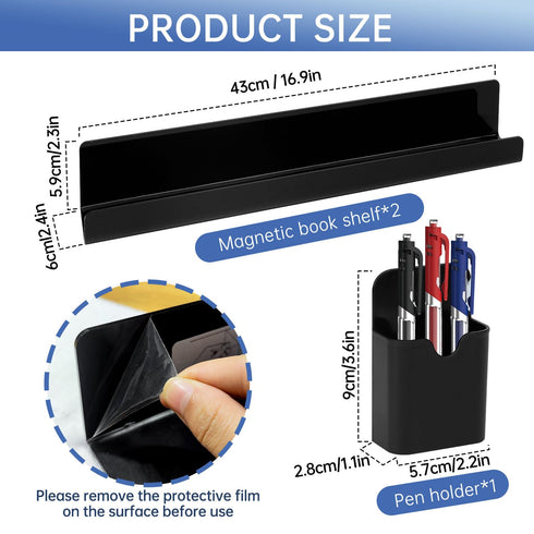 Cecliy 2Pcs Refrigerator,Black,43cm/16.9inch Magnetic Book Shelf for Whiteboard Classroom,Reusable Acrylic Magnetic