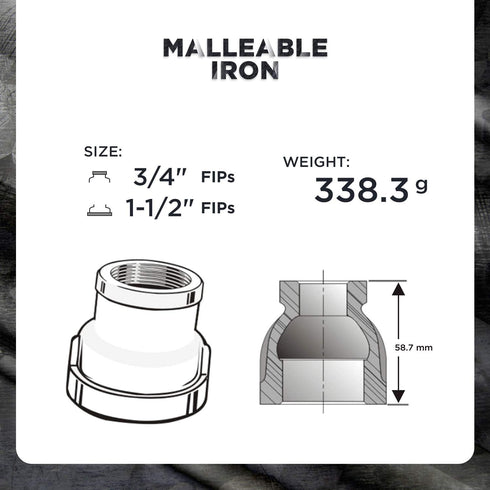 Malleable Iron Threaded Pipe Fitting Connector, 1-1/2 x 3/4 inch (Pack of 5) Reducing Coupling, Black BMRC1122-5