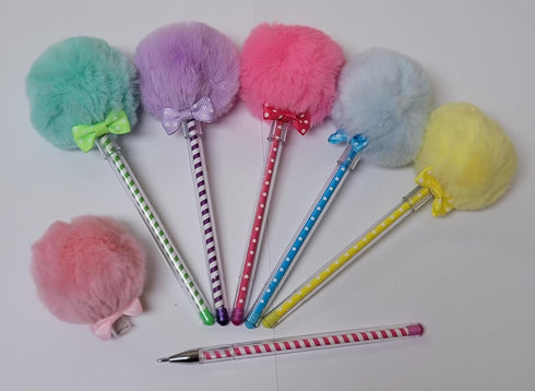 Puff Pom Poms Party Pens, 6 Pack, Party Favor, Stocking or Gift Basket Stuffer