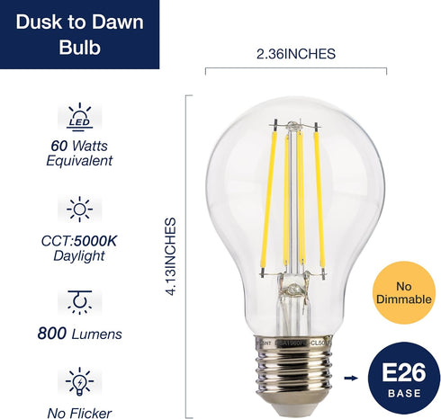 FLSNT Dusk to Dawn Outdoor Sensor A19 LED Light Bulb, 5000K Daylight, 7W (60W Eqv.), 800LM, Vintage Filament E26 Base,Auto On/Off Photocell Automatic for Energy-Efficient Outdoor Lighting, 4 Pack by FLSNT
