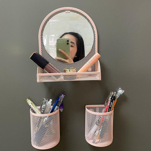 Locker Shelf with Locker Mirror Magnetic & 2 Magnetic Pen Cups, Organizer for Work, Mesh Metal Locker Accessories Kit