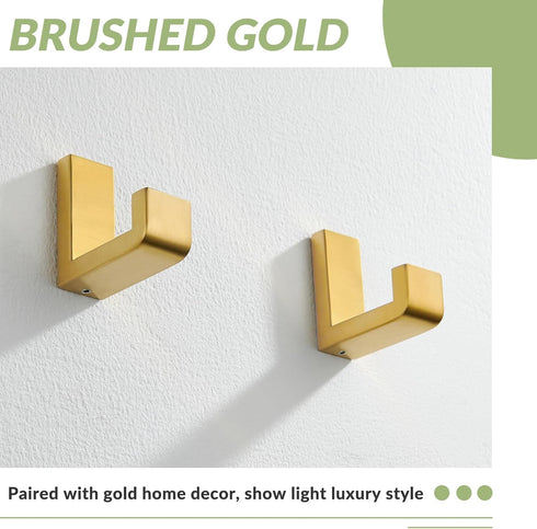 APLusee L Shape Bath Towel Hook 2 Pack - 304 Stainless Steel Coat Holder for Bathroom Kitchen, Brushed Gold