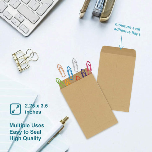 Coin Envelopes, 100 Pack Kraft Seed Envelopes, Small Parts Envelopes with Gummed Seal, 2.25 x 3.5 Inches by Bubbley