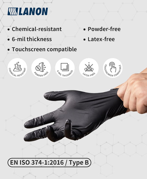LANON 6 mil Black Nitrile Disposable Gloves, Heavy-Duty, Chemical Resistant, Latex-Free, XL