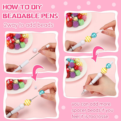 Cholemy 24 Sets Plastic Beadable Pens, Assorted Bead Pens with Multicolor Bubblegum and Crystal Spacer Beads