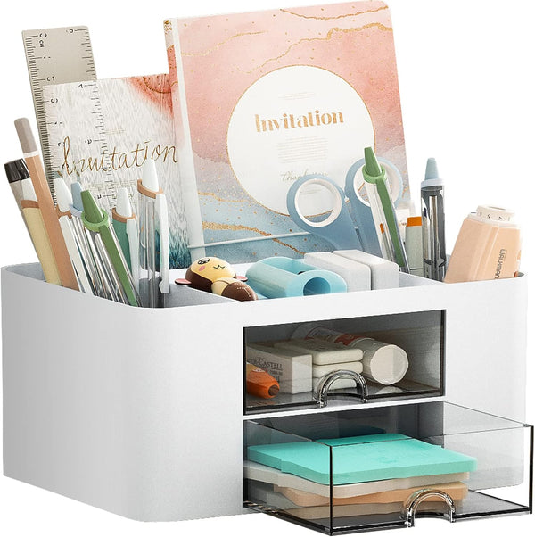 Marbrasse Multi-Functional Pen Organizer with 2 Drawers, 5 Compartments for Desk, Office Art Supplies (White)