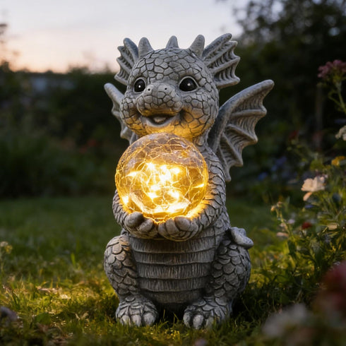 Solar Garden Decorations - Dragon Statue with Crackle Glass Ball Light - Garden Decor for Patio, Yard, Lawn, Pathway