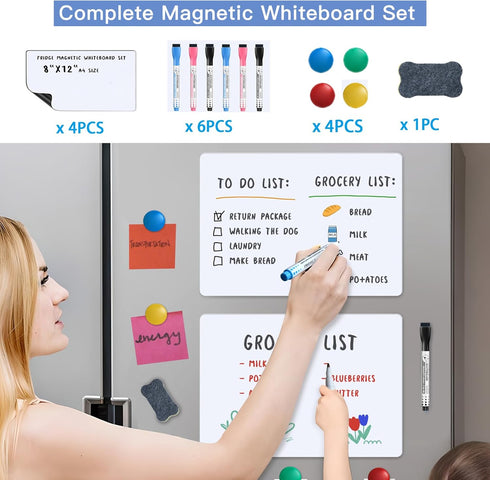 Magnetic Fridge Whiteboard Set: Dry Erase White Board (12X8"), Bonus Magnets, Markers & Erasers
