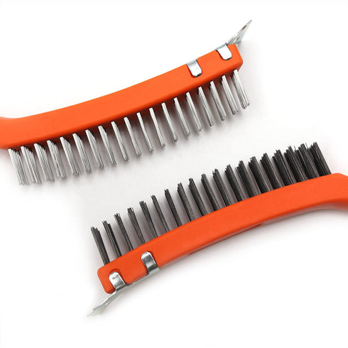Wire Brush Set - 2 Pcs Stainless Steel and Carbon Scratch Brush with 14" Long Rubber Handle for Cleaning