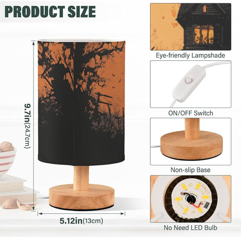 Aslsiy Spooky Castle Halloween Moon Bedside Table Lamp Orange Nightstand Lamp Night Light Fabric Shade for Bedroom