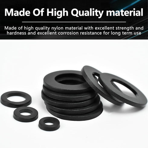 350pcs Black Nylon Flat Round Washer Spacer Assortment Kit - 7 Sizes M2-M8, Countersunk Plastic Gasket Rings