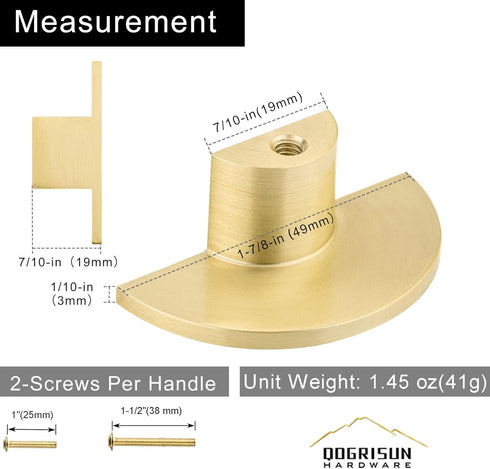 QOGRISUN 5-Pack Solid Brass Cabinet Pulls, Gold Half Moon Drawer Handles, 1-7/8-Inch Overall Length, Kitchen Cupboard