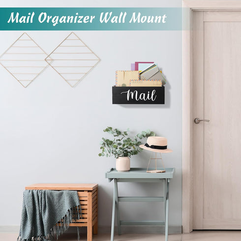DRASTAR Mail Organizer, Mail Holder with 2 Slots, Wood Desk Mail Organizer, Black Envelope Holder for Home Office Decor