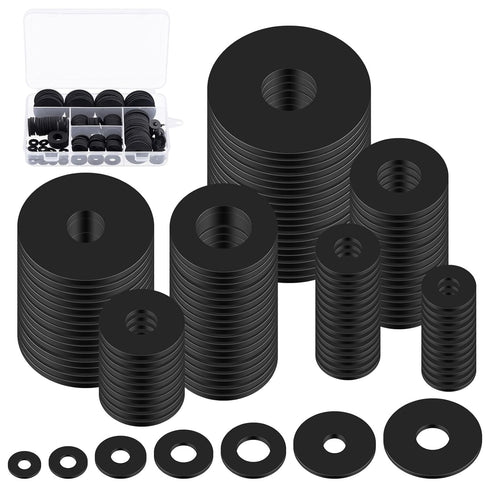 Swpeet 175Pcs Flat Rubber Washers Assortment Kit - 7 Sizes 10/12/16/18/20/25/30mm Heavy Duty Black Rubber Pads