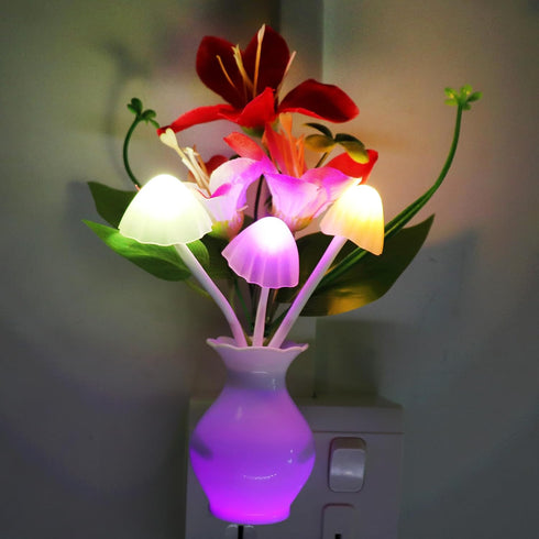 2 AUSAYE PCS Plug-in Night Light with Auto Light Sensor,RGB LED Mushroom Night Light Wall Red Lily Flower Lamp Energy