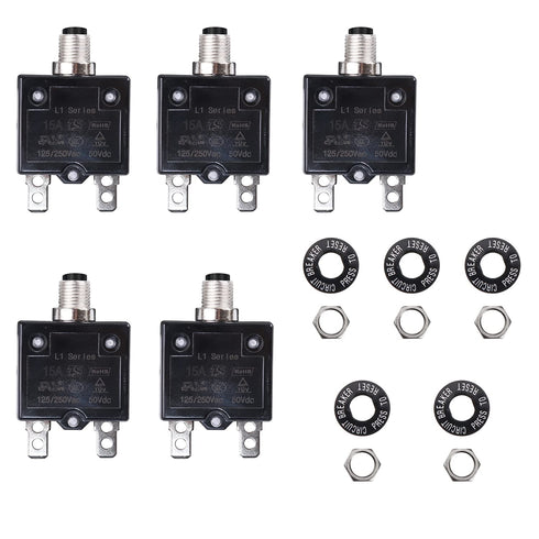 15A 125-250V AC, 50V DC Push Button Circuit Breaker, L1 Series, Manual Reset, Thermal, 5 Pack